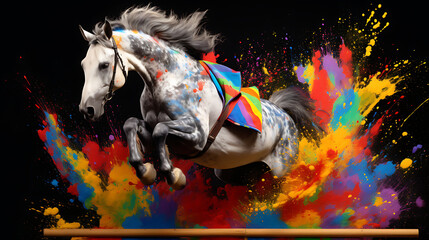 A horse jumping over a brightly colored jump