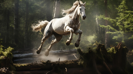 A horse jumping over a log in a forest
