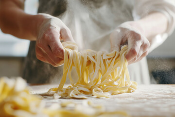 Close up view of hands making fresh italian pasta on wooden kitchen table