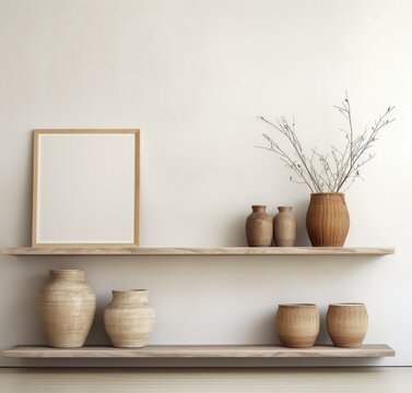 A shelf showcasing various vases and a picture frame.