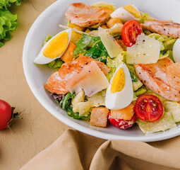 Chicken and shrimp caesar salad top view