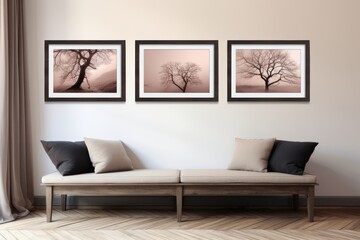 This photo showcases a living room with a comfortable couch and three pictures hanging on the wall.
