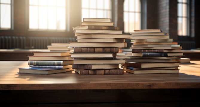 A photograph showing a neat stack of books placed on a sturdy wooden table.
