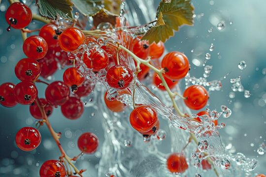 Red currant In Water Surreal And Forming A Splash Falling Into The Water Realistic Scene
