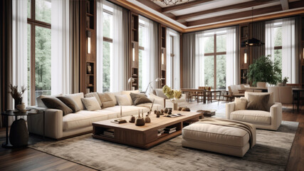 3d rendering luxury and beautiful living room design with sofas