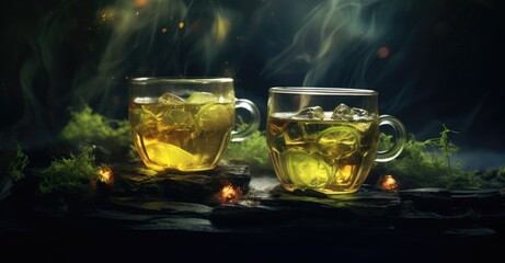 Two mugs sitting on a table containing tea leaves, presenting a cozy scene.