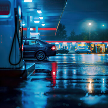 Explore the bustling gas station scene as a car pulls up to the gas pump. AI generative.