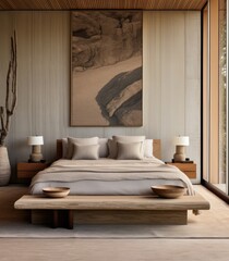 A bedroom featuring a prominent wall painting as the main focal point.