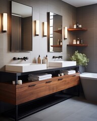 This photo showcases a bathroom featuring two sinks and a bathtub, providing a functional space for daily hygiene routines.