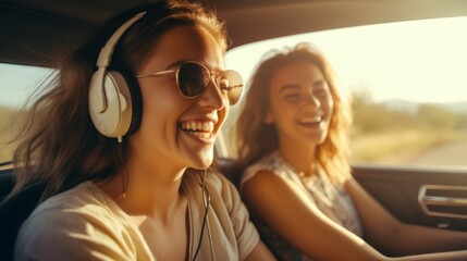 Two young women listen and sing songs, dance in the car during the trip. Best friends have fun together, Travel at sunset. - obrazy, fototapety, plakaty