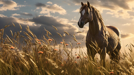 A horse standing in a field of tall grass - obrazy, fototapety, plakaty