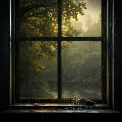 Experience the serene beauty of rain as it falls down a windowpane, captured in stunning detail. AI generative.