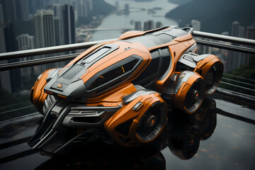 Fototapeta premium Futuristic vehicle parked on high ground the background is cityscape far away can be used to supplement advertisements for other product or service related to technology, the future, luxury or modern.