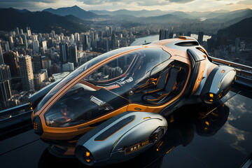 Futuristic vehicle parked on high ground the background is cityscape far away can be used to supplement advertisements for other product or service related to technology, the future, luxury or modern.