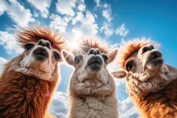 A gathering of llamas, all standing side by side in close proximity, showcasing their unique features and social behavior.
