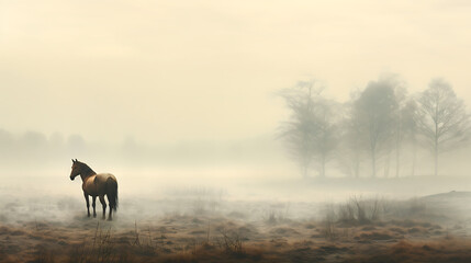 A horse standing in a misty morning field