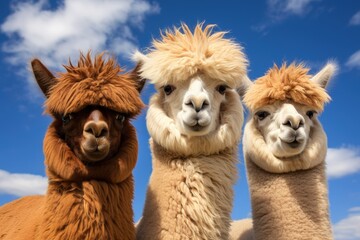 Obraz premium A group of llamas, with their fluffy coats and long necks, standing next to each other in a field.