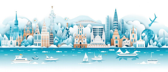 Obraz premium World Famous Landmarks Skyline Silhouette Style, Colorful, Cityscape, Travel and Tourist Attraction