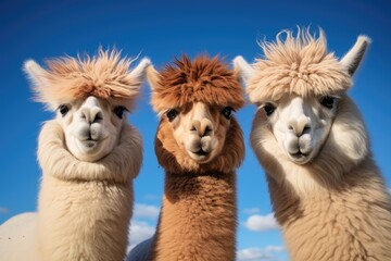 Fototapeta premium Three llamas, animals from the camelid family, standing next to each other under the bright sun on a clear day.