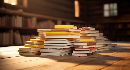 A collection of books neatly stacked on top of a wooden table, creating a visually appealing arrangement.