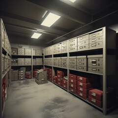 Explore a secure evidence room filled with federal investigation files and confidential documents. AI generative.