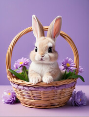Baby rabbit in rattan basket, flowers, cartoon, light purple background