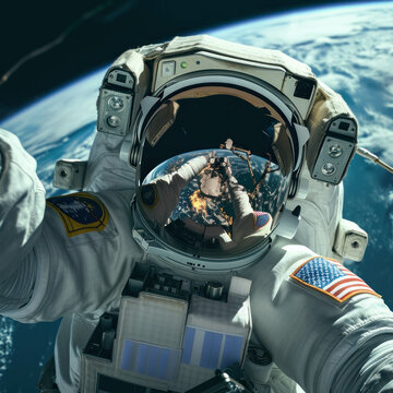 Ultra-detailed astronaut selfie with Earth reflections, shot on a 25mm lens in space. AI generative.