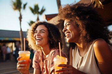 Two women sit next to each other, holding drinks in their hands.