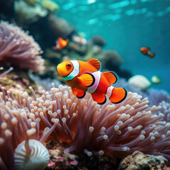 Naklejka na ściany i meble Discover the wonders of marine life with a clownfish swimming among vibrant coral and anemone reefs. AI generative.