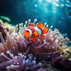 Fototapeta na wymiar Discover the wonders of marine life with a clownfish swimming among vibrant coral and anemone reefs. AI generative.