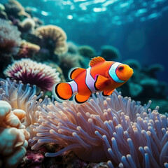 Naklejka na ściany i meble Immerse yourself in the beauty of the ocean with a clownfish swimming near colorful coral and anemones. AI generative.