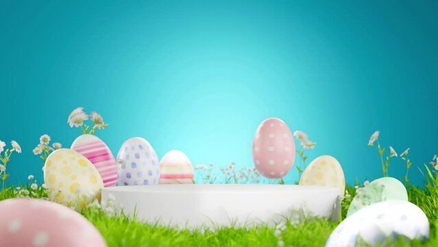 Decorated Easter eggs arrayed on grass with a white podium and blue background