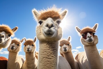 A group of llamas, standing closely next to each other, in a field.