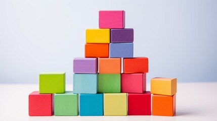 A child's rainbow-colored toy blocks