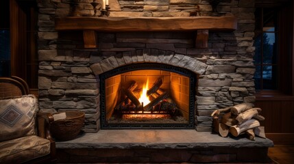 A closeup of a cozy fireplace at night