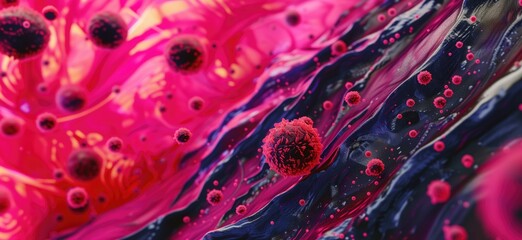 Pink virus in blood flow medical digital microscopic background using contrast medium - obrazy, fototapety, plakaty