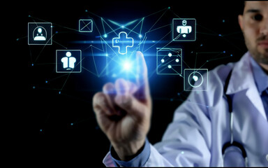 Fototapeta premium concept of a medical technology network. Telemedicine is the practice of using a medical doctor's hand with a stethoscope to touch medical icons on a current virtual screen interface. generative ai