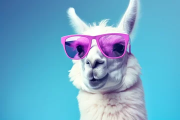 Papier Peint photo Lama A llama wearing pink sunglasses poses against a vibrant blue background.