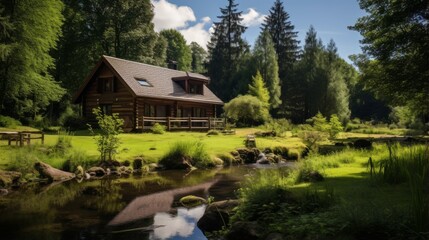 Obraz premium A forested retreat pension with tranquil trails and birdwatching opportunities