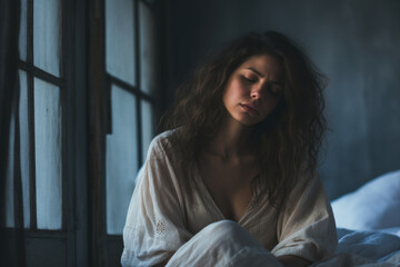 Fototapeta premium A woman is pictured sitting on a bed in a dimly lit room.