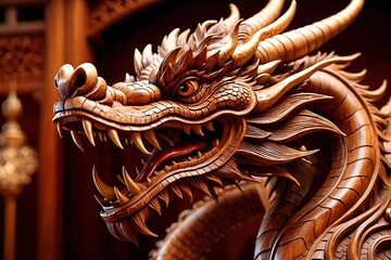 Wooden chinese dragon, chinese new year 2024 year of wood dragon zodiac elemental animal - obrazy, fototapety, plakaty