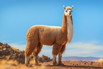 A llama, a domesticated camelid native to South America, standing in the middle of a barren desert landscape.