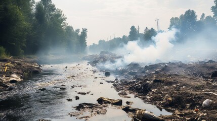 A polluted riverbank with visible pollution particles in the atmosphere