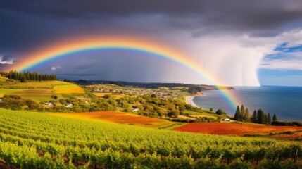 A rainbow over a picturesque coastal vineyard