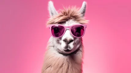 Papier Peint photo Lavable Lama A llama stands proudly wearing sunglasses against a vibrant pink background.