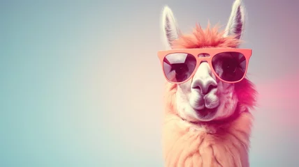 Papier Peint photo Lavable Lama A llama displaying a fashionable look, wearing sunglasses and a sweater in a playful manner.