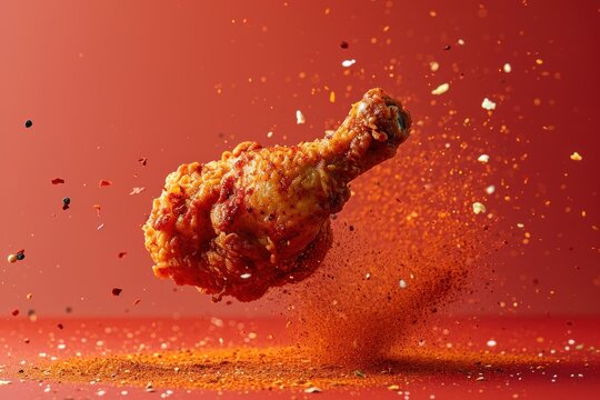 Crispy fried chicken surrounded by spices floating in the air against a red background. Illustration concept