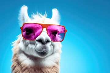A llama wearing pink sunglasses stands against a vibrant blue background.