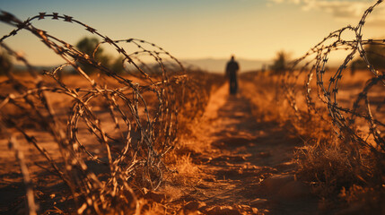 a man walking near the border with wire fences - obrazy, fototapety, plakaty