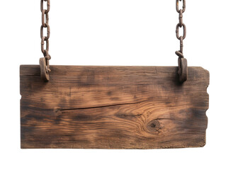 Old wooden sign with chains on it, isolated on transparent background, PNG

